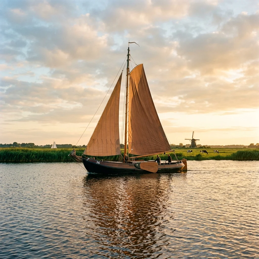 Traditional Frisian skutsje sailing boat on a lake near Heerenveen, Friesland